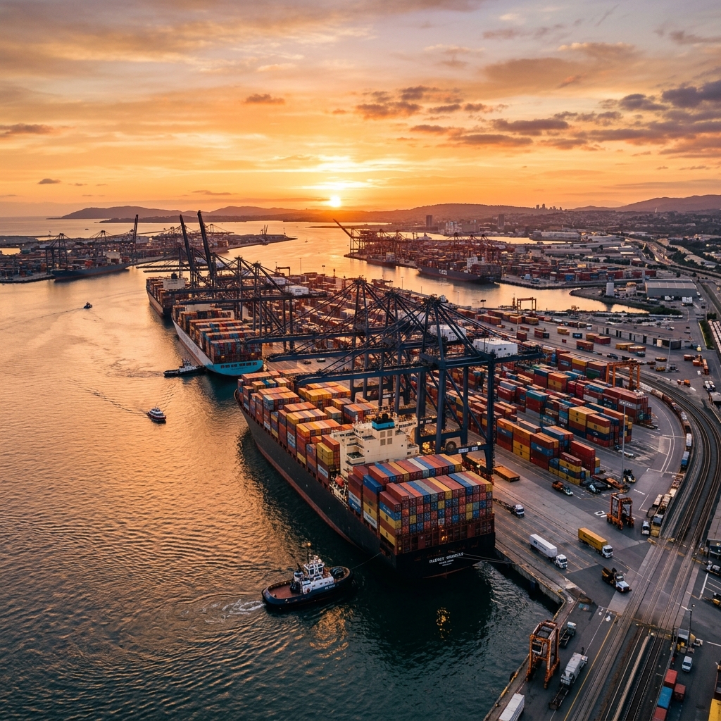 Global shipping port at sunset
